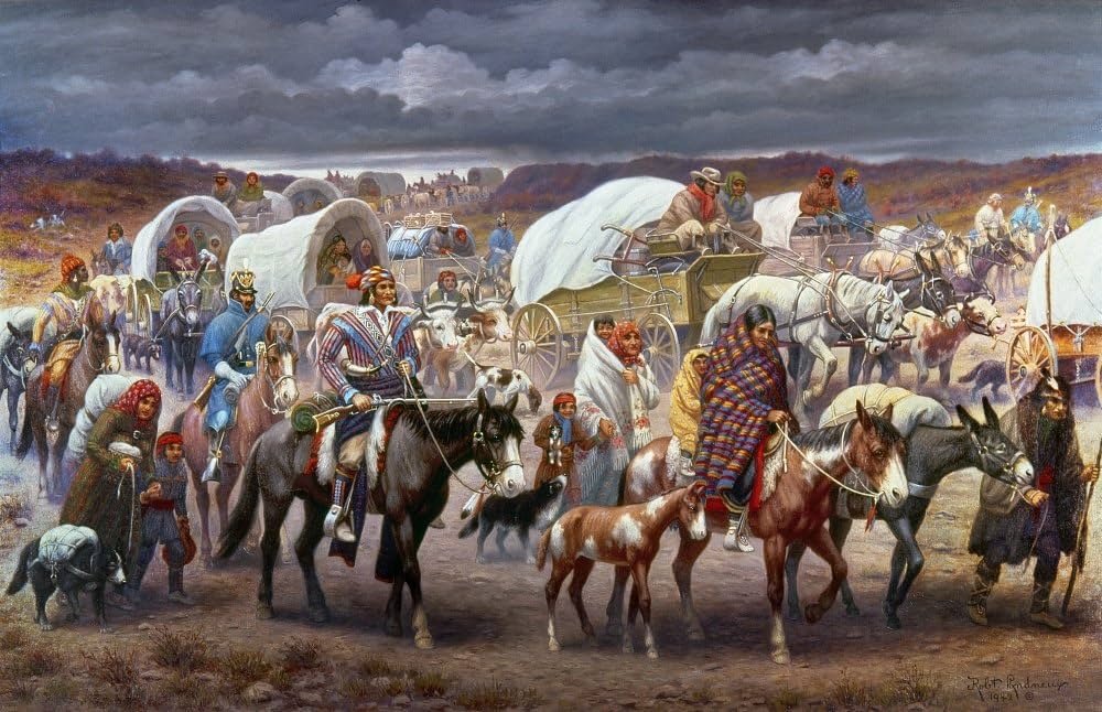 Historical depiction of the Trail of Tears. Forced relocation of Native American tribes during 19th-century U.S. westward expansion.